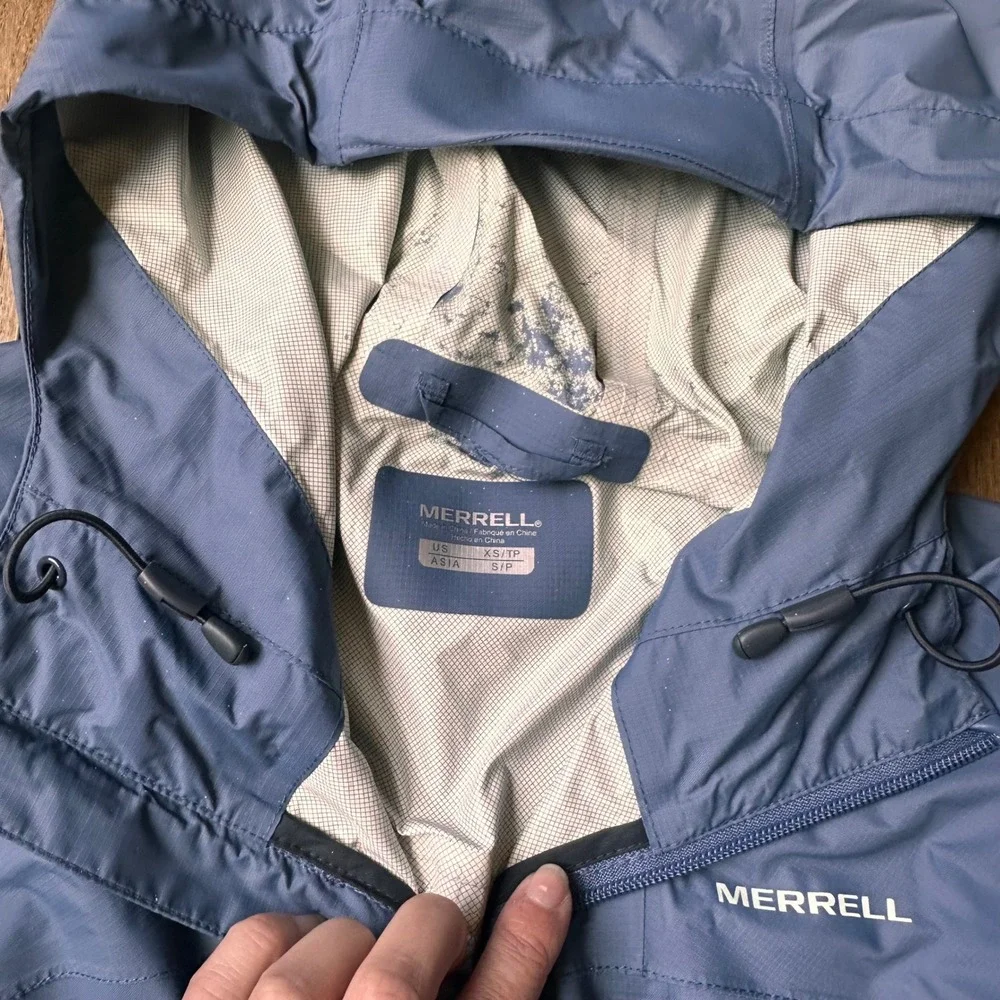 Merrell Rain Jacket Womens XS Hooded Full Zip Waterproof Ripstop Blue Hiking